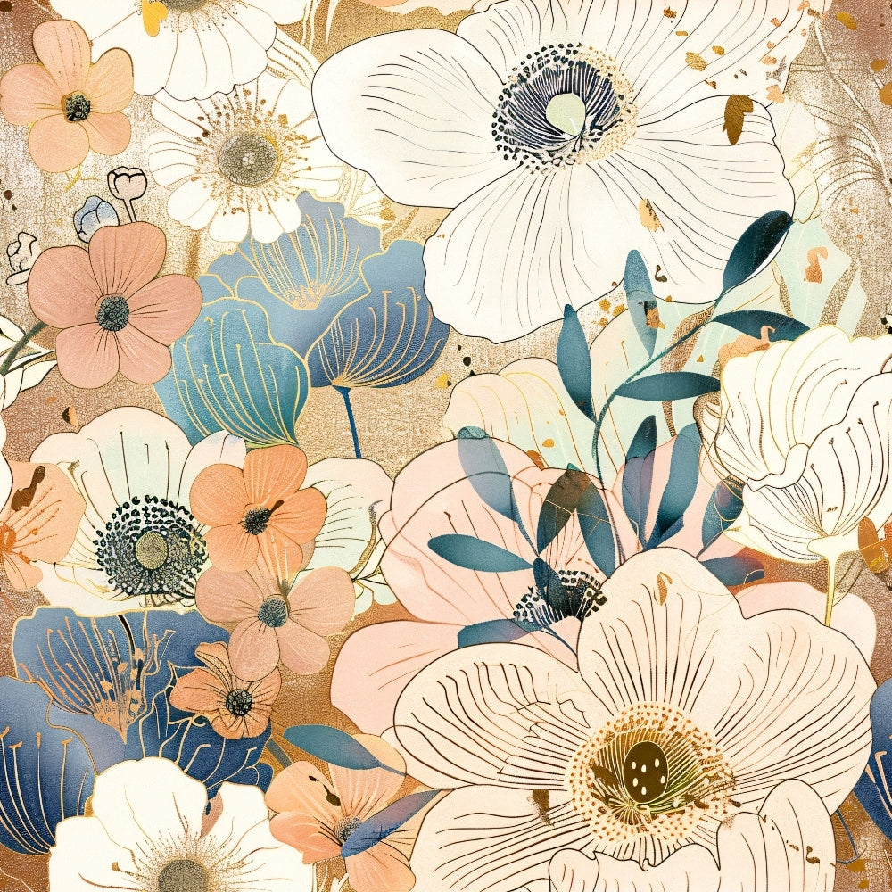 japanese blossoms, floral pattern, quilting cotton, fabric panel, peach flowers, blue petals, white blooms, cream background, botanical design, delicate leaves, spring flowers, soft pastels, artistic illustration, nature motif, feminine style, crafting fabric, sewing material, garden theme, layered florals, modern floral