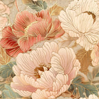 japanese blossoms, floral pattern, peony flowers, coral pink, cream white, sage green, gold accents, botanical design, large scale florals,, fabric panel, asian inspired, soft pastels, layered petals, elegant blooms, nature motif, sophisticated palette, artistic florals