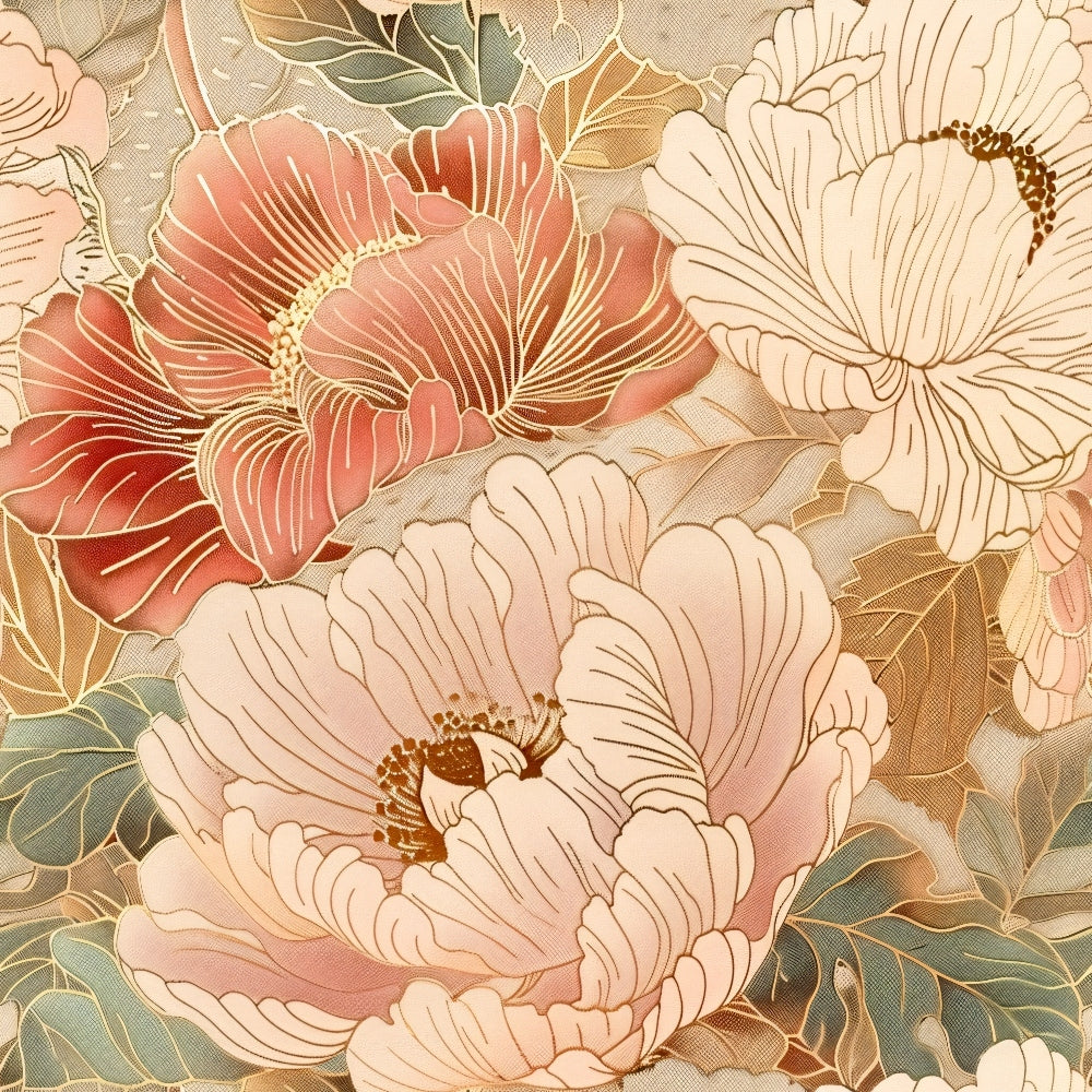 japanese blossoms, floral pattern, peony flowers, coral pink, cream white, sage green, gold accents, botanical design, large scale florals, quilting cotton, fabric panel, asian inspired, soft pastels, layered petals, elegant blooms, nature motif, sophisticated palette, artistic florals