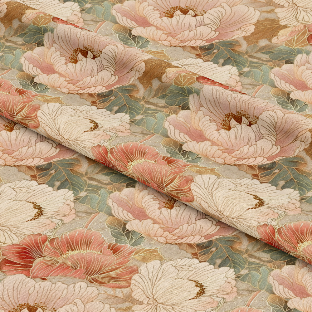 - Japanese Blossoms Pattern 9 Quilting Cotton Fabric - floral, blossoms, flowers, petals, leaves, textile, soft, natural, light pink, cream, coral, sage green, beige, quilting, cotton, fabric, yardage, elegant, decorative, sewing, crafting, smooth texture, artistic design