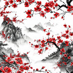 japanese cherry blossoms, red flowers, black branches, gray mountains, white background, asian landscape, ink wash style, sakura blooms, mountainous scenery, oriental art, watercolor effect, nature scene, spring blossoms,, fabric panel, monochromatic gray, crimson red, flowering branches, misty mountains, serene landscape