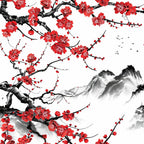 red flowers, cherry blossoms, black branches, gray mountains, white background, birds in flight, japanese art style, ink wash painting, sakura motifs,, fabric panel, spring theme, asian inspired, floral pattern, nature scene, watercolor effect, serene landscape, blooming tree, mountain vista, peaceful imagery