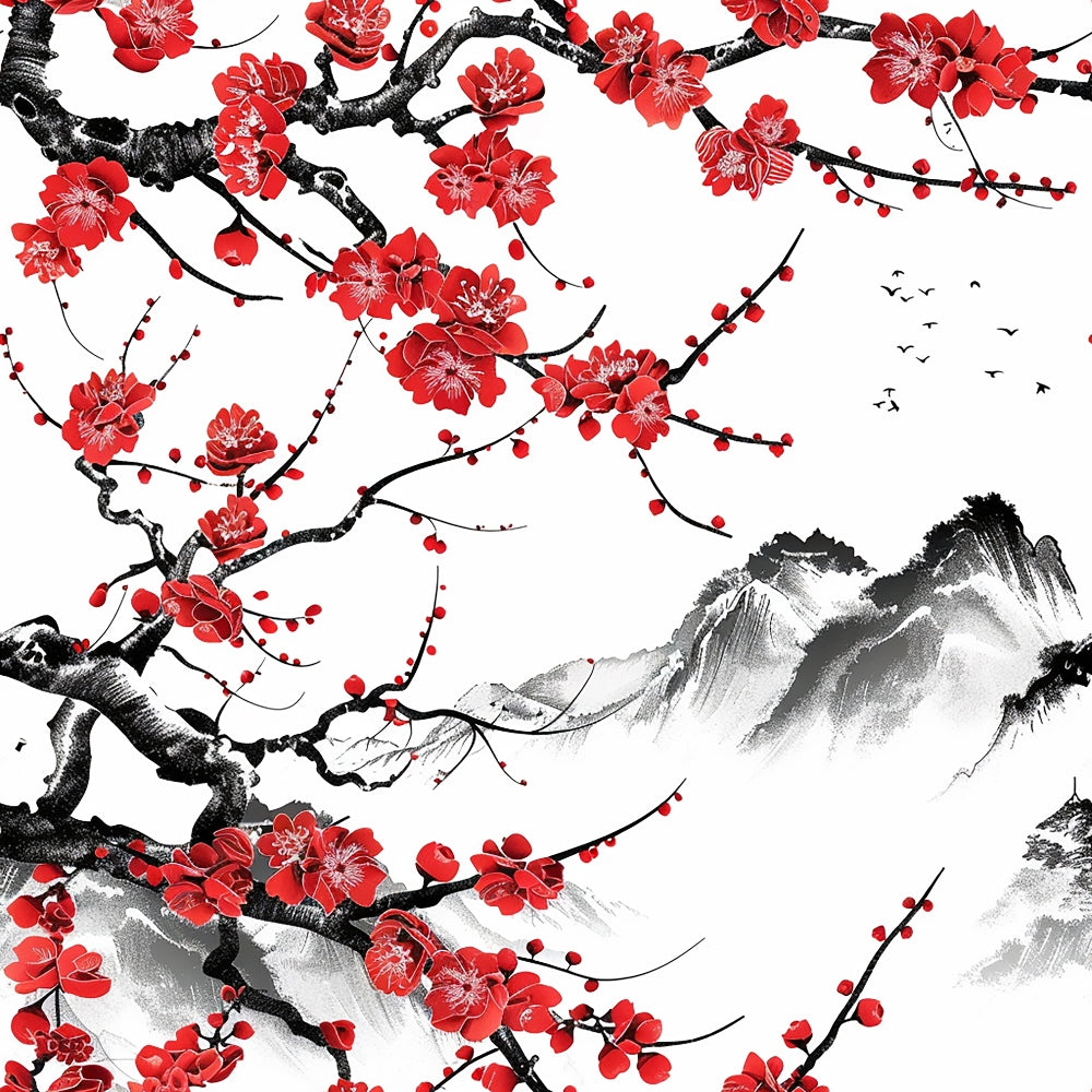 red flowers, cherry blossoms, black branches, gray mountains, white background, birds in flight, japanese art style, ink wash painting, sakura motifs, quilting cotton, fabric panel, spring theme, asian inspired, floral pattern, nature scene, watercolor effect, serene landscape, blooming tree, mountain vista, peaceful imagery