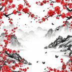 japanese cherry blossoms, red flowers, coral pink, gray mountains, black butterflies, ink wash landscape, watercolor style, floral branches, scenic panel,, nature scene, asian inspired, spring blossoms, misty mountains, delicate petals, peaceful mood, sakura motif, mountain vista, botanical print, serene landscape