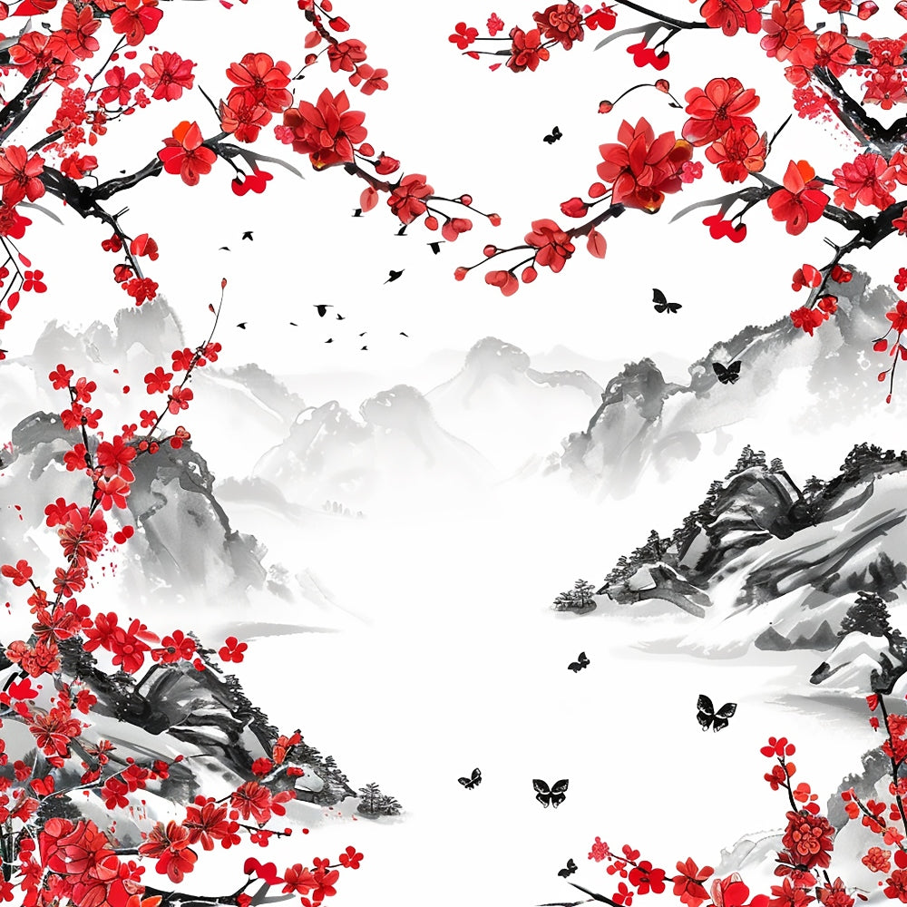 japanese cherry blossoms, red flowers, coral pink, gray mountains, black butterflies, ink wash landscape, watercolor style, floral branches, scenic panel, quilting cotton, nature scene, asian inspired, spring blossoms, misty mountains, delicate petals, peaceful mood, sakura motif, mountain vista, botanical print, serene landscape