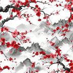 cherry blossoms, japanese art, red flowers, pink flowers, gray mountains, black branches, watercolor style, asian inspired, floral pattern,, fabric panel, nature scene, mountain landscape, blooming trees, delicate petals, ink wash, serene mood, botanical design, spring flowers, oriental motif