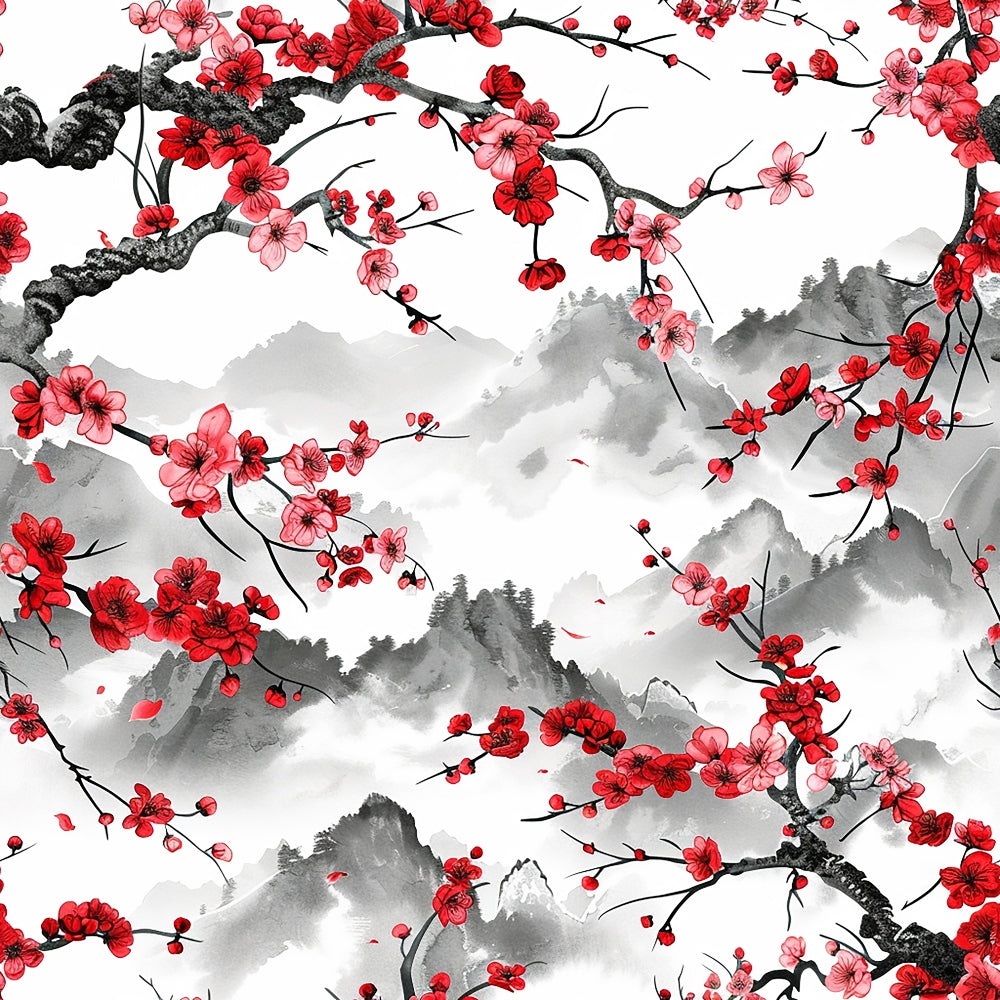 cherry blossoms, japanese art, red flowers, pink flowers, gray mountains, black branches, watercolor style, asian inspired, floral pattern, quilting cotton, fabric panel, nature scene, mountain landscape, blooming trees, delicate petals, ink wash, serene mood, botanical design, spring flowers, oriental motif
