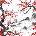 cherry blossoms, red flowers, black branches, gray mountains, white background, japanese art, asian style, floral pattern, nature scene, falling petals, misty landscape, ink wash style, spring blossoms,, fabric panel, botanical design, serene mood, mountain peaks, flowering tree, oriental motifs