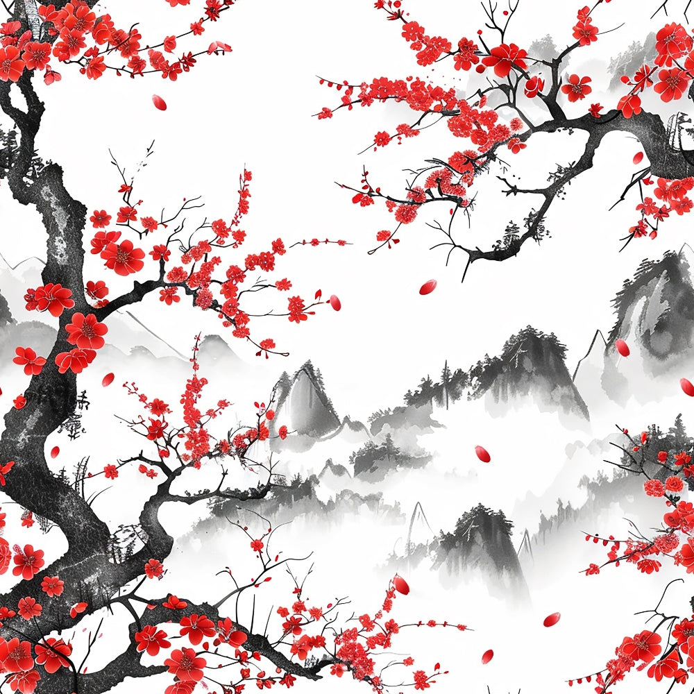 cherry blossoms, red flowers, black branches, gray mountains, white background, japanese art, asian style, floral pattern, nature scene, falling petals, misty landscape, ink wash style, spring blossoms, quilting cotton, fabric panel, botanical design, serene mood, mountain peaks, flowering tree, oriental motifs