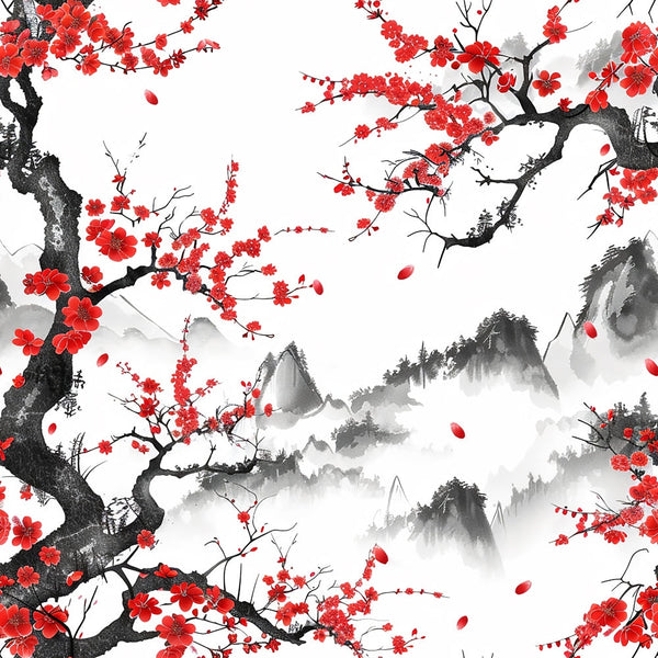 cherry blossoms, red flowers, black branches, gray mountains, white background, japanese art, asian style, floral pattern, nature scene, falling petals, misty landscape, ink wash style, spring blossoms,, fabric panel, botanical design, serene mood, mountain peaks, flowering tree, oriental motifs