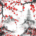 red, pink, black, white, gray, cherry blossoms, pagoda, mountains, branches, petals, japanese art, asian inspired, watercolor style, ink wash, serene, spring flowers, nature scene,, fabric panel, floral pattern