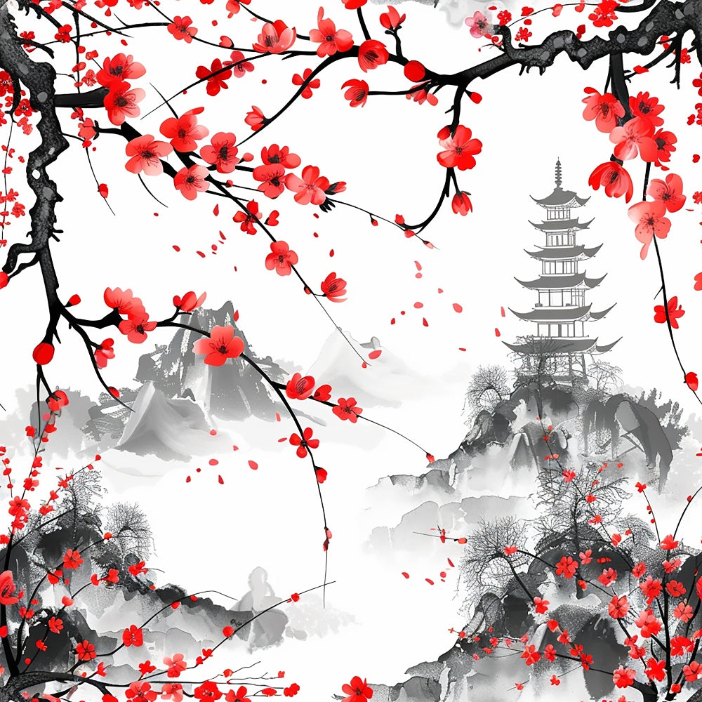 red, pink, black, white, gray, cherry blossoms, pagoda, mountains, branches, petals, japanese art, asian inspired, watercolor style, ink wash, serene, spring flowers, nature scene, quilting cotton, fabric panel, floral pattern