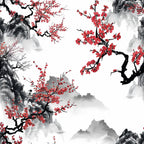 red, black, white, gray, cherry blossoms, plum blossoms, flowering branches, mountains, asian art, japanese style, watercolor effect, ink wash, botanical, spring flowers, misty landscape,, fabric panel, nature scene, monochrome, floral motifs