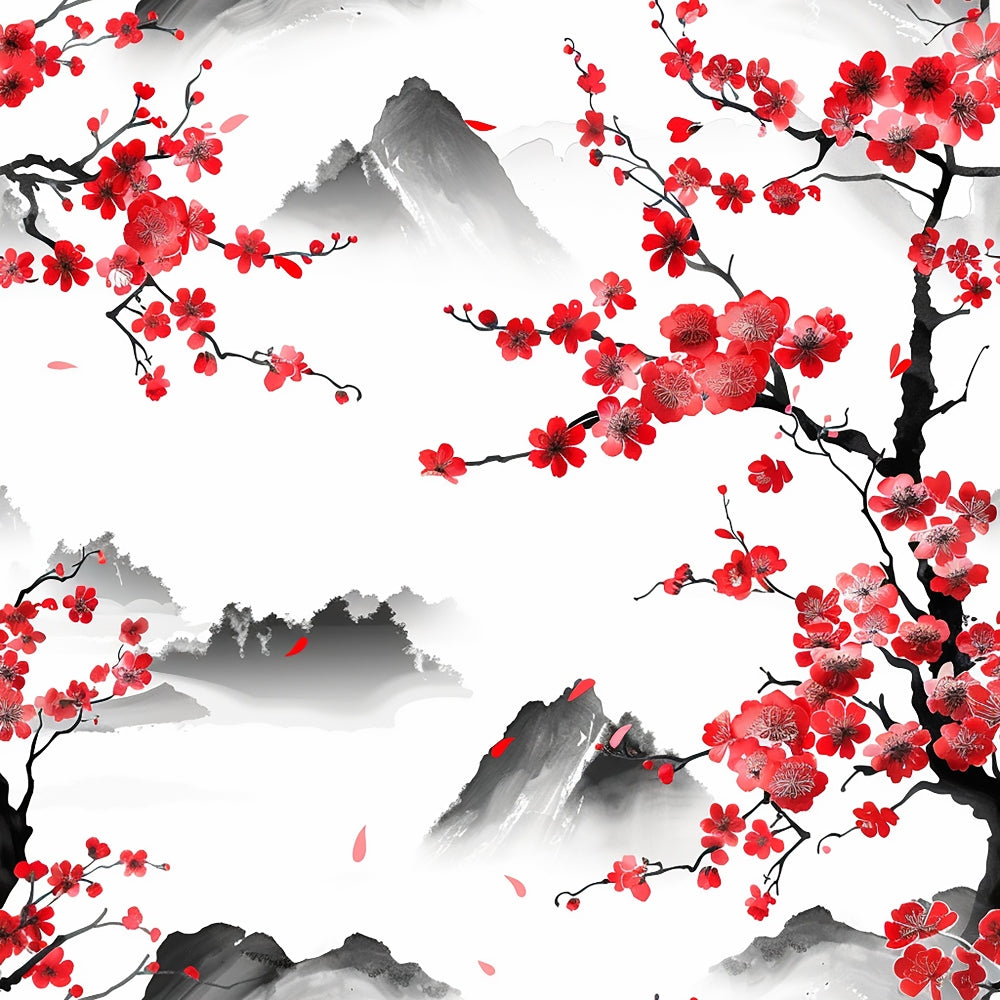 cherry blossoms, red flowers, pink petals, black branches, gray mountains, white background, japanese style, floral pattern, nature scene, sakura blooms, watercolor effect, asian inspired, spring theme, botanical design, quilting cotton, fabric panel, misty landscape, falling petals, mountain peaks, delicate florals