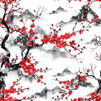 red, white, black, cherry blossoms, japanese style, floral branches, mountain landscape, misty clouds, watercolor effect,, fabric panel, spring flowers, asian inspired, nature scene, birds in flight, botanical design, serene mood, ink wash style, blooming trees, scenic backdrop