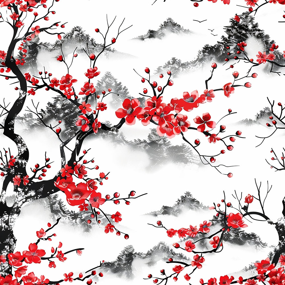 red, white, black, cherry blossoms, japanese style, floral branches, mountain landscape, misty clouds, watercolor effect, quilting cotton, fabric panel, spring flowers, asian inspired, nature scene, birds in flight, botanical design, serene mood, ink wash style, blooming trees, scenic backdrop