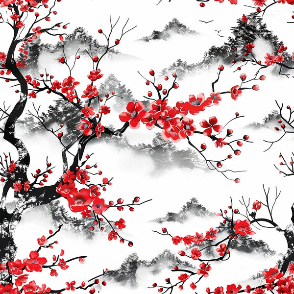 red, white, black, cherry blossoms, japanese style, floral branches, mountain landscape, misty clouds, watercolor effect,, fabric panel, spring flowers, asian inspired, nature scene, birds in flight, botanical design, serene mood, ink wash style, blooming trees, scenic backdrop