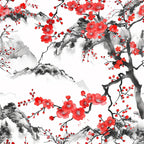 cherry blossoms, red flowers, coral pink, black branches, gray mountains, white background, watercolor style, asian inspired, floral pattern, nature scene, spring blooms, delicate petals, mountain landscape, botanical design,, fabric panel, serene mood, oriental art, flowering tree, ink wash