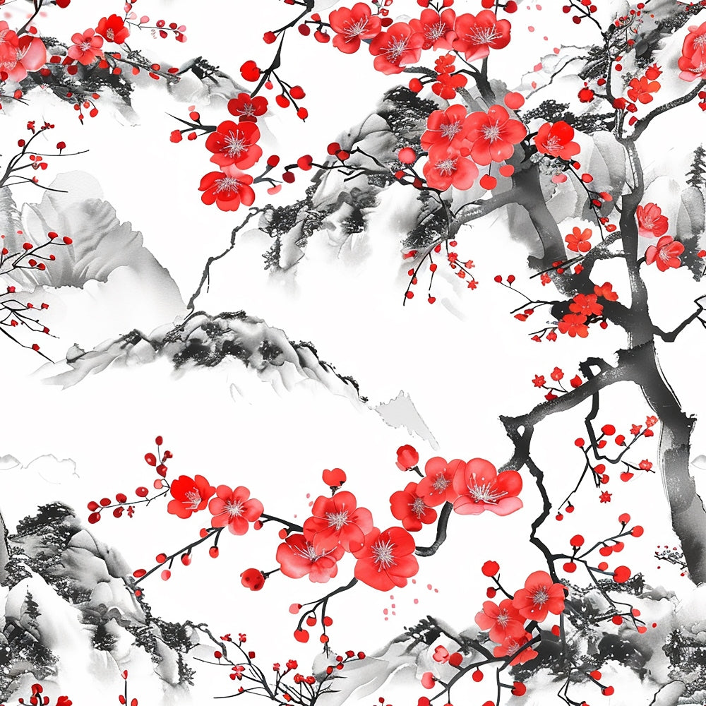 cherry blossoms, red flowers, coral pink, black branches, gray mountains, white background, watercolor style, asian inspired, floral pattern, nature scene, spring blooms, delicate petals, mountain landscape, botanical design, quilting cotton, fabric panel, serene mood, oriental art, flowering tree, ink wash