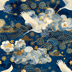 navy blue, gold accents, white cranes, flying birds, japanese art, asian inspired, clouds, floral motifs, cherry blossoms, ornate patterns,, fabric panel, elegant design, nature theme, metallic details, decorative swirls, artistic print, crane motifs, oriental style, luxurious appearance