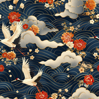 navy blue, deep blue, cream, gold, red, orange, white, japanese cranes, flying birds, cherry blossoms, peonies, clouds, waves, floral motifs, asian inspired, elegant design,, fabric panel, nature scene, ornate pattern, serene mood, decorative birds