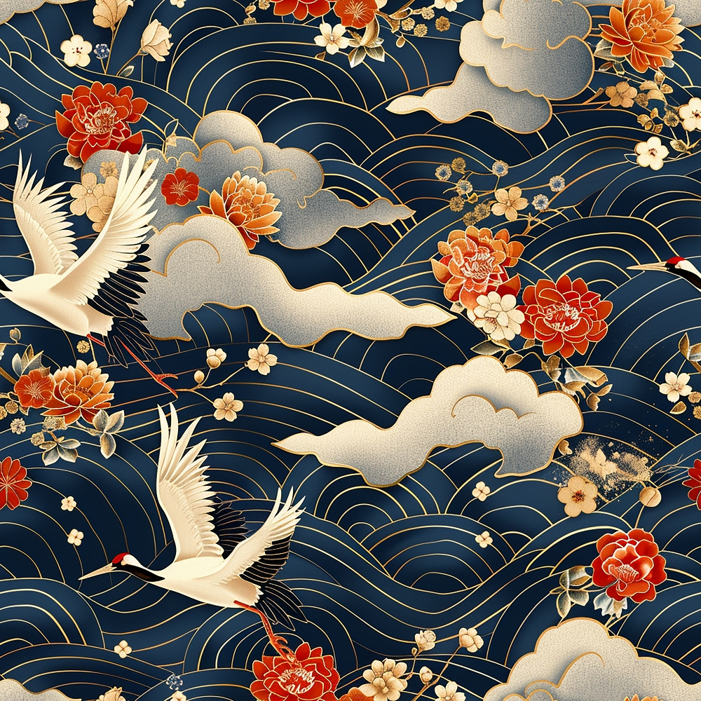 navy blue, deep blue, cream, gold, red, orange, white, japanese cranes, flying birds, cherry blossoms, peonies, clouds, waves, floral motifs, asian inspired, elegant design, quilting cotton, fabric panel, nature scene, ornate pattern, serene mood, decorative birds