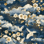 japanese cranes, navy blue, gold accents, cream white, cherry blossoms, sakura flowers, clouds, flying birds, asian inspired, elegant pattern,, fabric panel, floral motifs, nature scene, serene mood, spring theme, decorative birds, oriental design, peaceful atmosphere