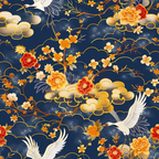 navy blue, deep blue, orange flowers, red flowers, golden clouds, white cranes, flying birds, cherry blossoms, floral branches, japanese style, asian motif, ornate pattern,, fabric panel, celestial design, elegant birds, peony flowers, cloud formations, intricate details, sophisticated palette