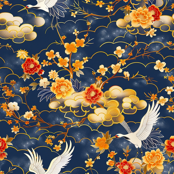 navy blue, deep blue, orange flowers, red flowers, golden clouds, white cranes, flying birds, cherry blossoms, floral branches, japanese style, asian motif, ornate pattern,, fabric panel, celestial design, elegant birds, peony flowers, cloud formations, intricate details, sophisticated palette