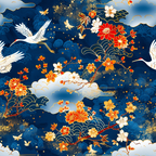 japanese cranes, navy blue, orange flowers, white birds, gold accents, cherry blossoms, clouds, asian inspired, flying cranes, floral motifs,, fabric panel, deep blue background, red flowers, ornate design, botanical elements, nature scene, decorative birds, elegant pattern, oriental style