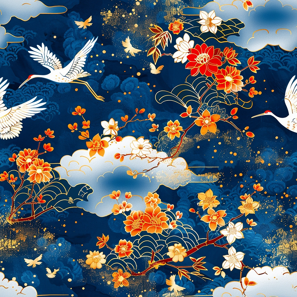 japanese cranes, navy blue, orange flowers, white birds, gold accents, cherry blossoms, clouds, asian inspired, flying cranes, floral motifs, quilting cotton, fabric panel, deep blue background, red flowers, ornate design, botanical elements, nature scene, decorative birds, elegant pattern, oriental style