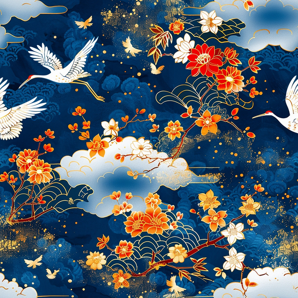 japanese cranes, navy blue, orange flowers, white birds, gold accents, cherry blossoms, clouds, asian inspired, flying cranes, floral motifs,, fabric panel, deep blue background, red flowers, ornate design, botanical elements, nature scene, decorative birds, elegant pattern, oriental style