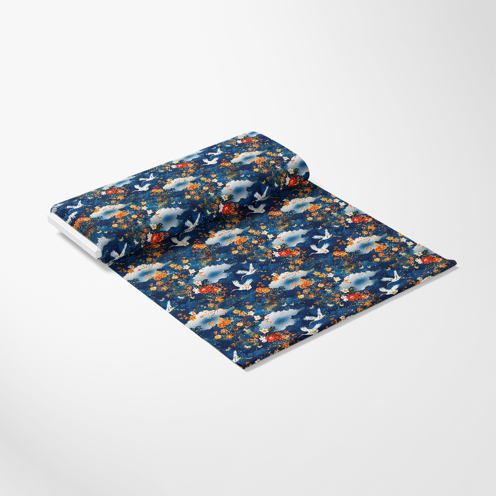 - Japanese Cranes Pattern 5 Quilting Cotton Fabric  
- quilting  
- cotton  
- fabric  
- floral  
- birds  
- navy blue  
- white  
- orange  
- red  
- traditional  
- elegant  
- textile  
- yardage
