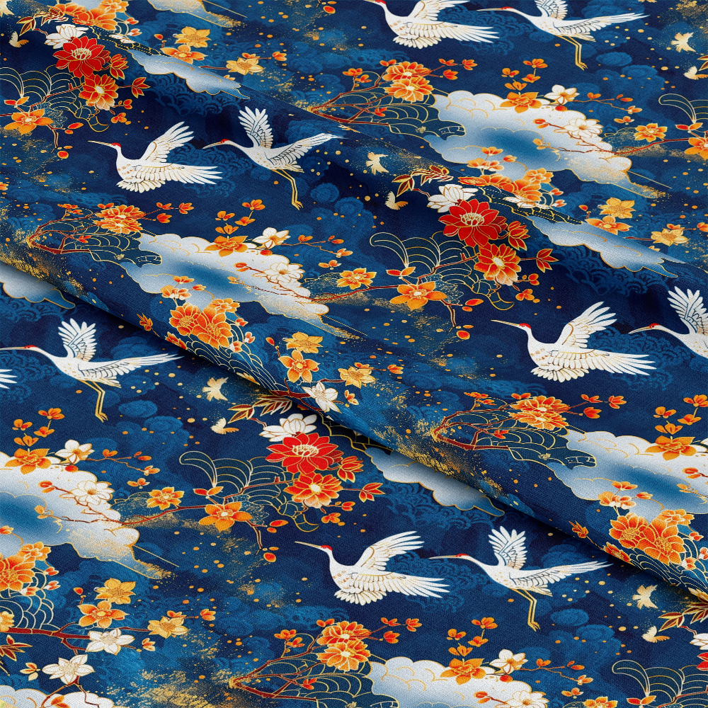 - Japanese Cranes Pattern 5 Quilting Cotton Fabric  
- Blue background  
- White cranes  
- Orange flowers  
- Red blossoms  
- Floral design  
- Traditional Japanese motifs  
- Quilting fabric  
- Cotton material  
- Ornamental  
- Elegant textile  
- Decorative print
