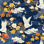 navy blue, deep blue, golden yellow, orange, white, red, japanese cranes, flying birds, cherry blossoms, peonies, floral motifs, clouds, swirling patterns, asian inspired, elegant design,, fabric panel, nature scenes, ornate details, decorative birds