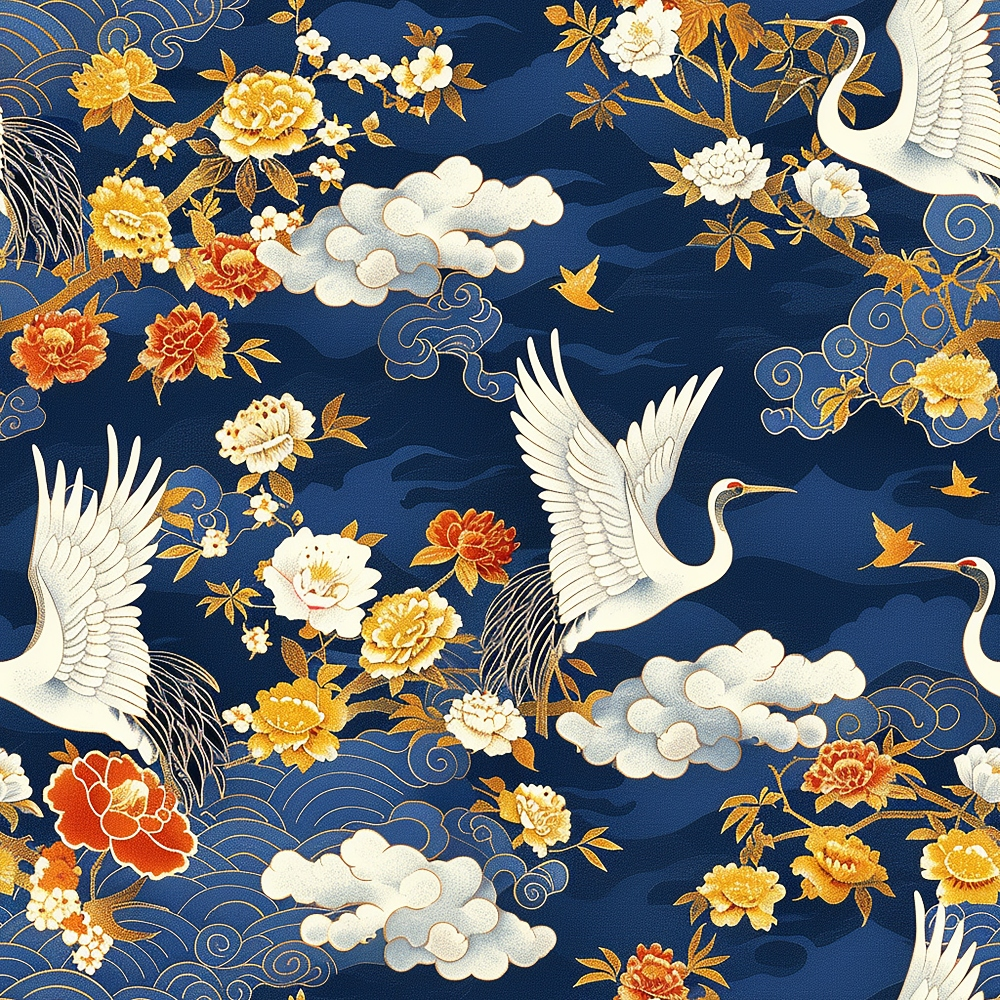 navy blue, deep blue, golden yellow, orange, white, red, japanese cranes, flying birds, cherry blossoms, peonies, floral motifs, clouds, swirling patterns, asian inspired, elegant design, quilting cotton, fabric panel, nature scenes, ornate details, decorative birds