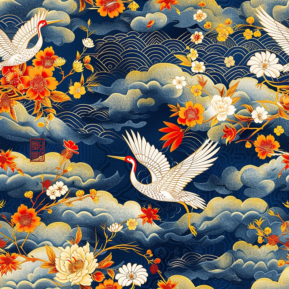 japanese cranes, navy blue, gold accents, orange flowers, white birds, cloud motifs, wave patterns, floral design, asian inspired, quilting cotton, fabric panel, cherry blossoms, geometric waves, red crowned cranes, flying birds, ornate clouds, botanical elements, serene mood, elegant pattern, nature scene