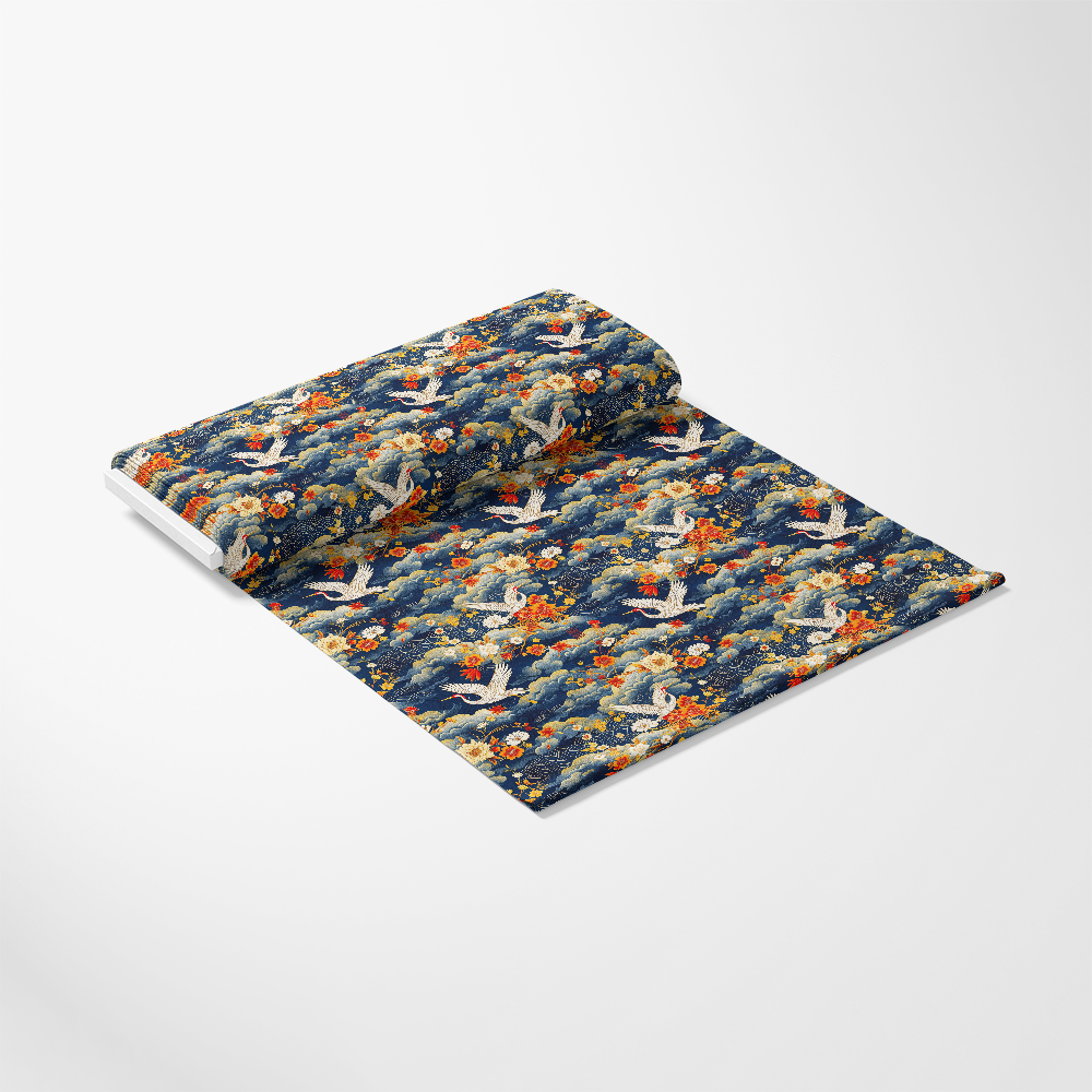 - Japanese Cranes Pattern 8 Quilting Cotton Fabric  
- navy blue, white, orange  
- cranes, birds, floral, blossoms  
- traditional, elegant, textile, yardage  
- quilting, cotton, sewing, crafting  
- nature-inspired, ornamental, decorative