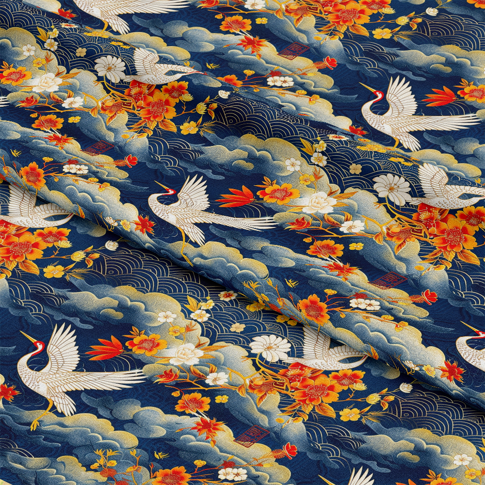 - Japanese Cranes Pattern 8 Quilting Cotton Fabric  
- Fabric, cotton, quilting  
- Cranes, birds, flying  
- Floral, blossoms, flowers  
- Orange, red, white, yellow, navy blue, beige  
- Asian-inspired, traditional, ornamental  
- Textile, cloth, sewing material