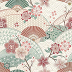 japanese kimono, cherry blossoms, sakura flowers, folding fans, geometric patterns, hexagonal designs, wave motifs, coral pink, sage green, cream beige, burgundy red, floral branches,, fabric panel, asian inspired, delicate florals, intricate details, soft pastels