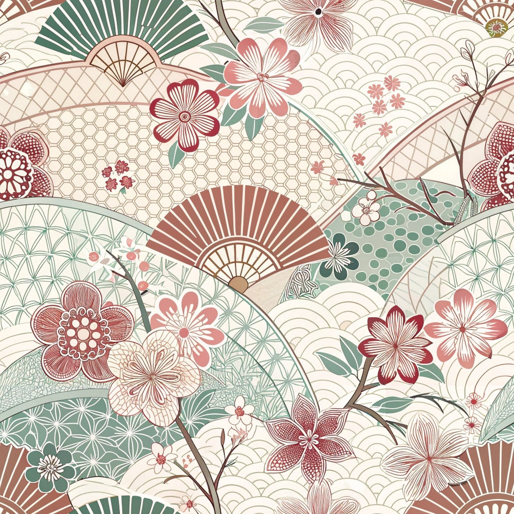 japanese kimono, cherry blossoms, sakura flowers, folding fans, geometric patterns, hexagonal designs, wave motifs, coral pink, sage green, cream beige, burgundy red, floral branches,, fabric panel, asian inspired, delicate florals, intricate details, soft pastels