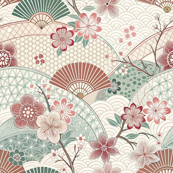 japanese kimono, cherry blossoms, sakura flowers, folding fans, geometric patterns, hexagonal designs, wave motifs, coral pink, sage green, cream beige, burgundy red, floral branches,, fabric panel, asian inspired, delicate florals, intricate details, soft pastels