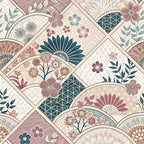 japanese kimono,, fabric panel, floral motifs, geometric patterns, teal blue, dusty rose, cream beige, burgundy, sage green, cherry blossoms, chrysanthemums, decorative fans, diamond shapes, botanical elements, asian inspired, vintage style, patchwork design, ornate details, soft pastels