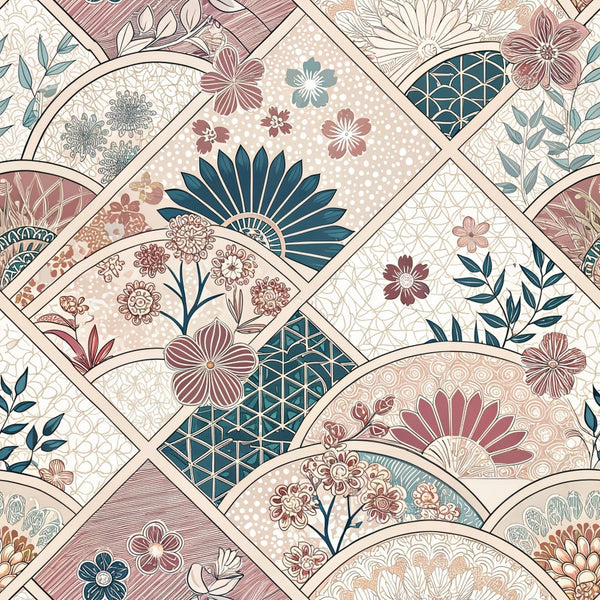 japanese kimono,, fabric panel, floral motifs, geometric patterns, teal blue, dusty rose, cream beige, burgundy, sage green, cherry blossoms, chrysanthemums, decorative fans, diamond shapes, botanical elements, asian inspired, vintage style, patchwork design, ornate details, soft pastels