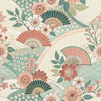 japanese kimono, sage green, coral pink, cream, beige, folding fans, cherry blossoms, floral motifs, geometric patterns, hexagon shapes, wave patterns, botanical elements, leaves, branches, asian inspired, vintage style,, fabric panel, decorative fans, oriental design
