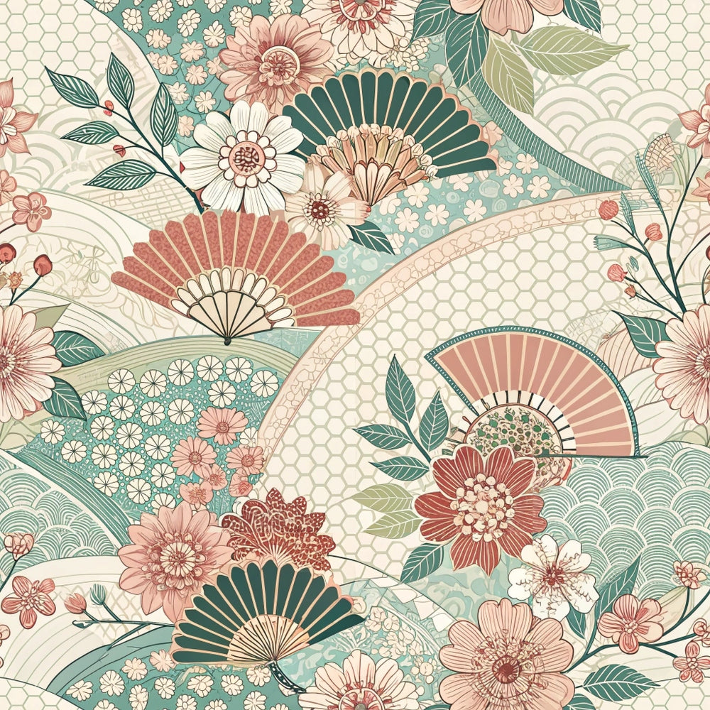 japanese kimono, sage green, coral pink, cream, beige, folding fans, cherry blossoms, floral motifs, geometric patterns, hexagon shapes, wave patterns, botanical elements, leaves, branches, asian inspired, vintage style,, fabric panel, decorative fans, oriental design