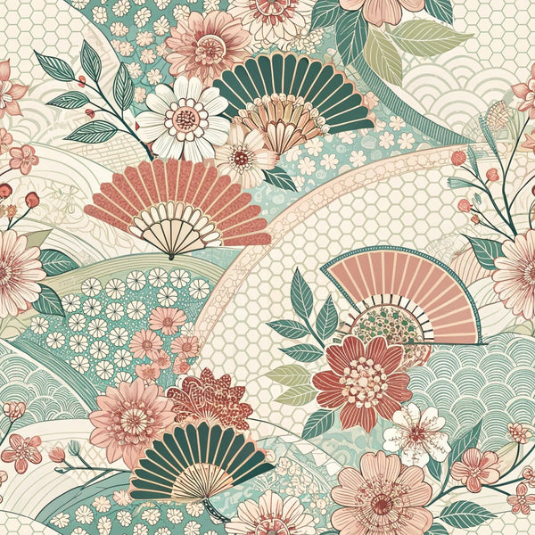 japanese kimono, sage green, coral pink, cream, beige, folding fans, cherry blossoms, floral motifs, geometric patterns, hexagon shapes, wave patterns, botanical elements, leaves, branches, asian inspired, vintage style,, fabric panel, decorative fans, oriental design