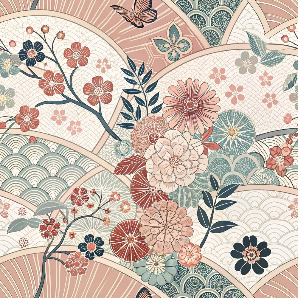 coral pink, sage green, navy blue, cream white, japanese kimono, floral motifs, cherry blossoms, geometric patterns, fan designs, butterfly, wave patterns,, fabric panel, asian inspired, delicate florals, scalloped borders, ornate designs, pastel palette, decorative elements, botanical prints