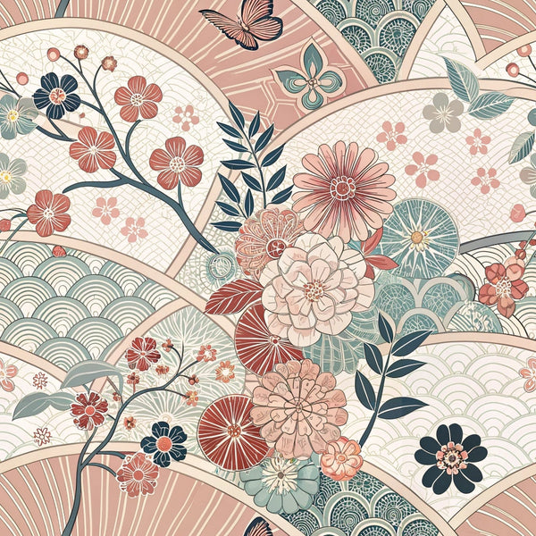 coral pink, sage green, navy blue, cream white, japanese kimono, floral motifs, cherry blossoms, geometric patterns, fan designs, butterfly, wave patterns,, fabric panel, asian inspired, delicate florals, scalloped borders, ornate designs, pastel palette, decorative elements, botanical prints