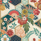 japanese kimono, hexagonal pattern, floral motifs, coral red, teal green, golden yellow, cream background, geometric shapes, cherry blossoms, oriental flowers, honeycomb design, botanical elements, asian inspired,, fabric panel, ornate blooms, decorative leaves, intricate details, vintage style, patchwork design